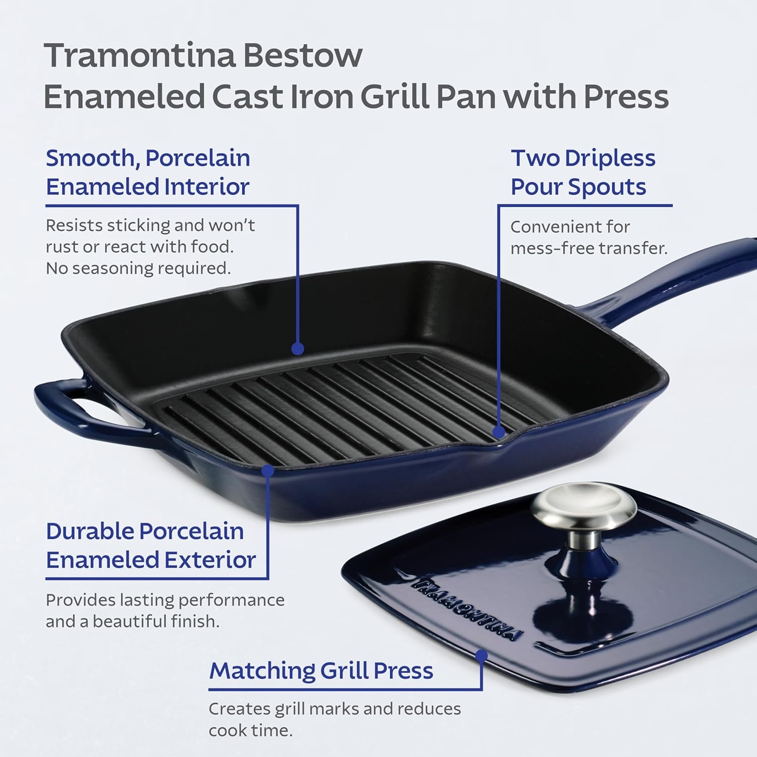 image:imageTramontina Bestow Enameled Cast Iron Grill Pan with Press 11inch RedBlue