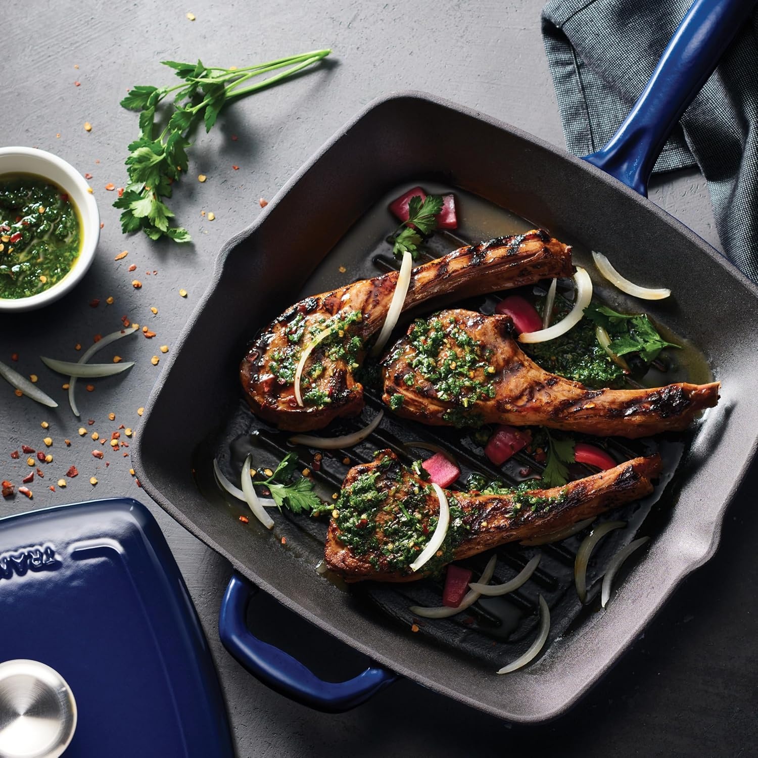 image:imageTramontina Bestow Enameled Cast Iron Grill Pan with Press 11inch RedBlue