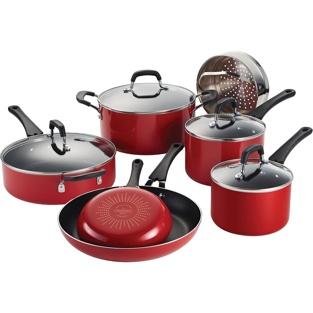 image:imageTramontina 11Piece Non Stick Cookware Set with Lids Aluminum Nonstick Pots and Pans Kitchen Set RedRed