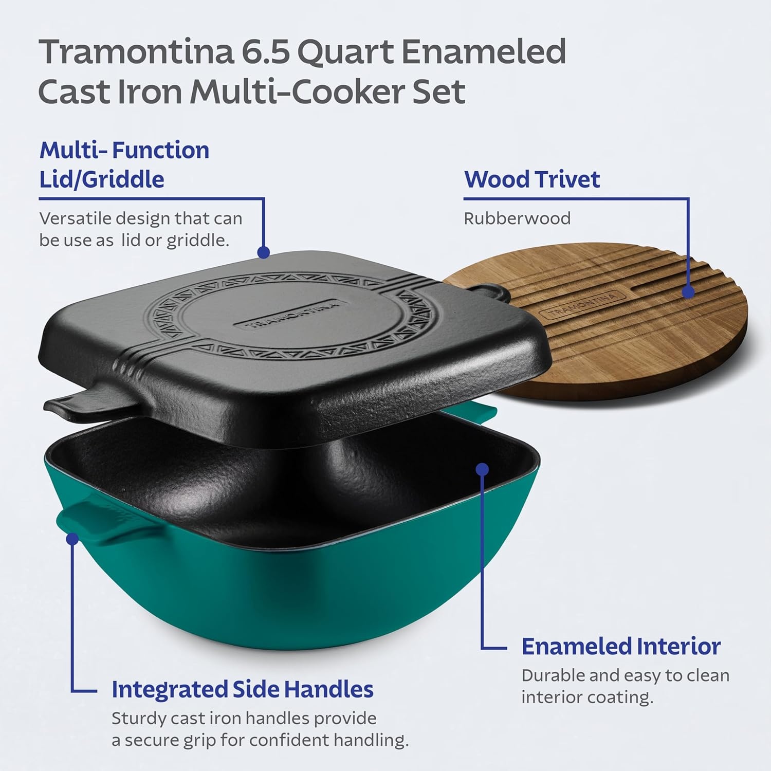 image:imageTramontina Cultura 2in1 Enameled Cast Iron Dutch Oven Pot with Reversible Lid Griddle and Trivet Oven Safe 65Quart MultiCooker Starlight BlueTeal Green