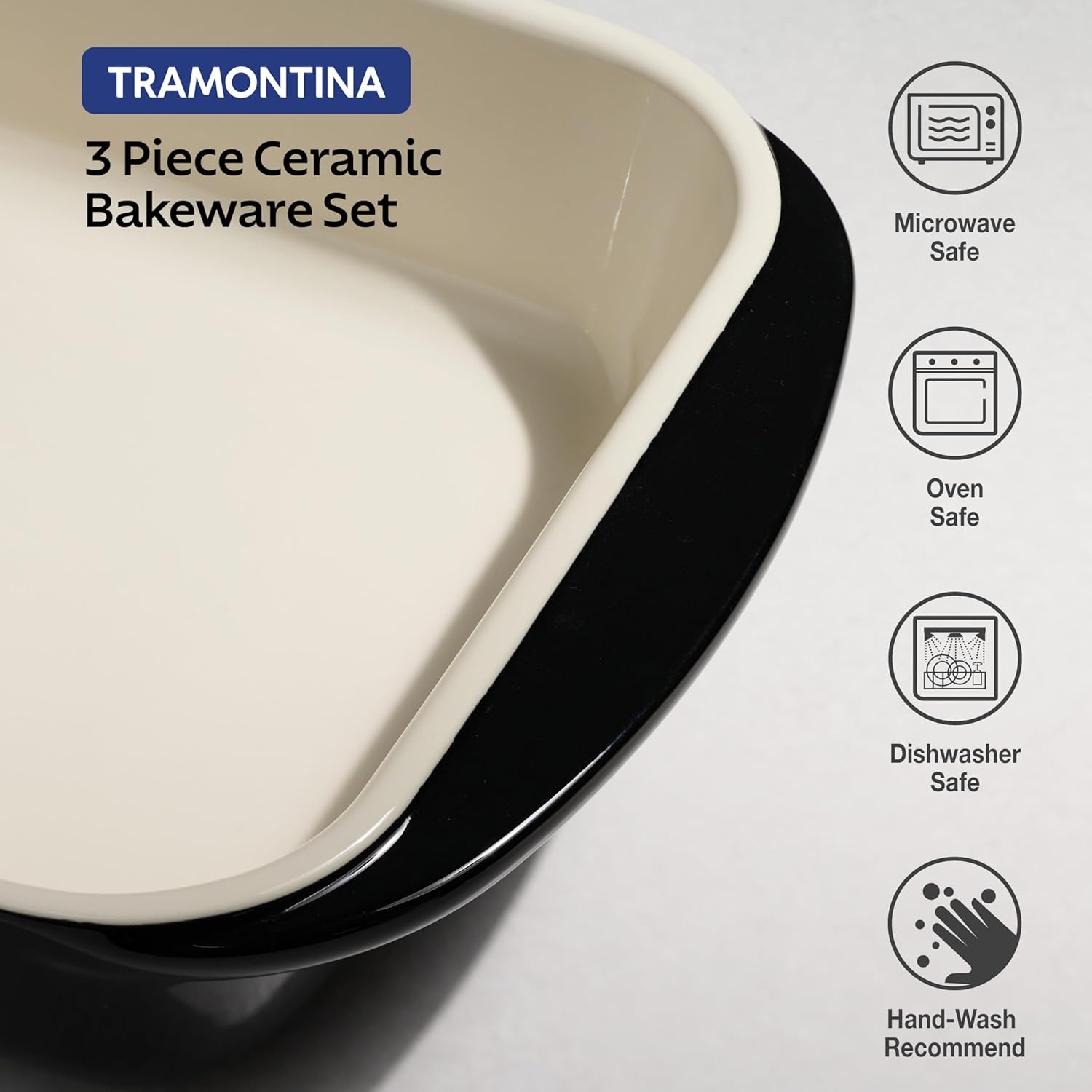 image:imageTramontina Mae 3Piece Ceramic Porcelain Baking Pans Set Non Stick Casserole Dishes for Oven Rectangular Bakeware for Lasagna Cakes and Loafs BlackBlack