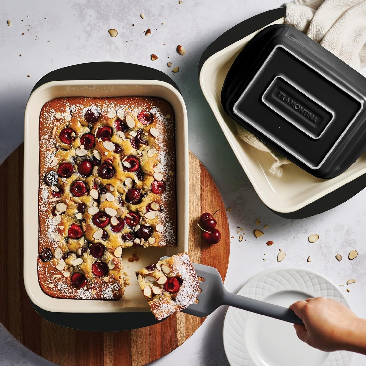 image:imageTramontina Mae 3Piece Ceramic Porcelain Baking Pans Set Non Stick Casserole Dishes for Oven Rectangular Bakeware for Lasagna Cakes and Loafs BlackBlack