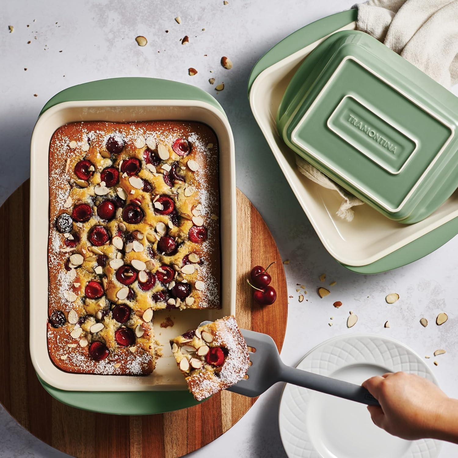 image:imageTramontina Mae 3Piece Ceramic Porcelain Baking Pans Set Non Stick Casserole Dishes for Oven Rectangular Bakeware for Lasagna Cakes and Loafs BlackCactus
