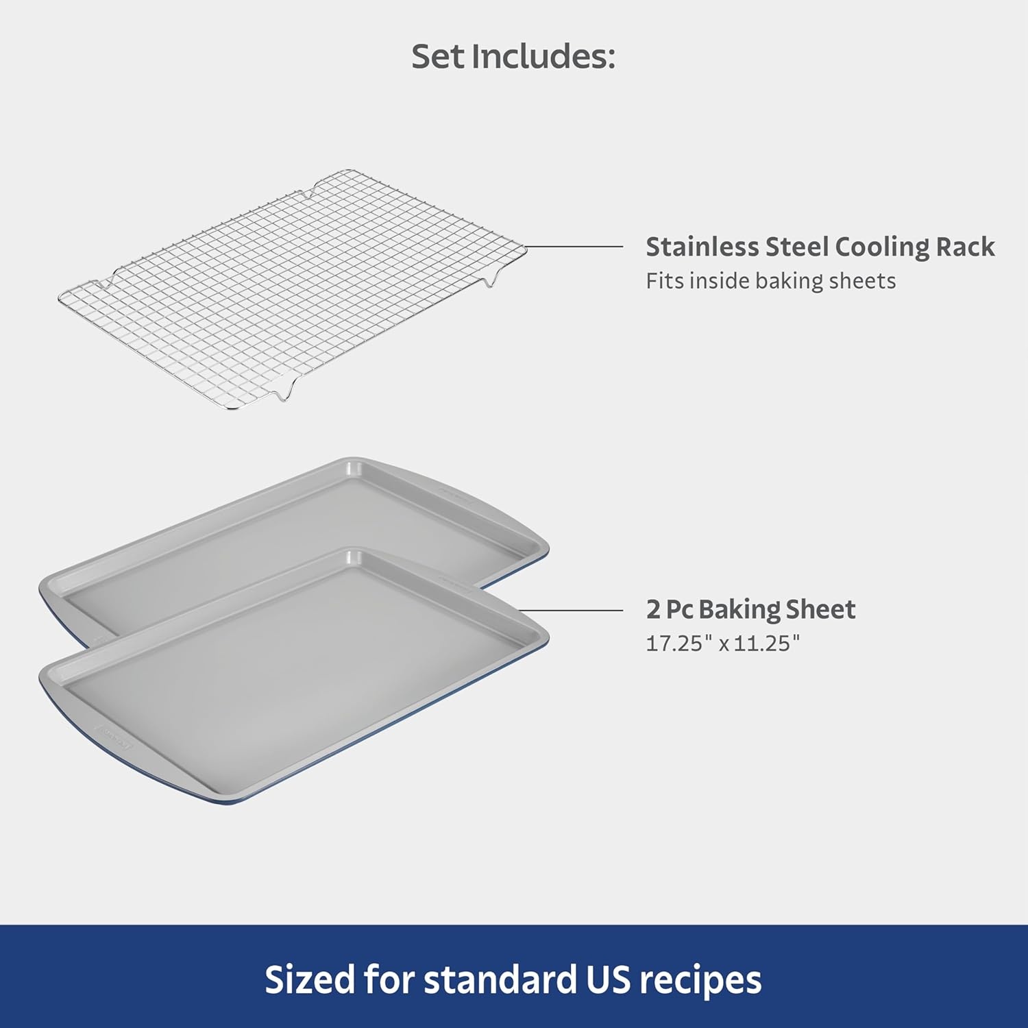 image:imageTramontina Rise 3Piece Ceramic Baking Pans Set Non stick Cookie Sheets for Baking with Cooling Rack Aluminized Steel DishwasherSafe3Piece