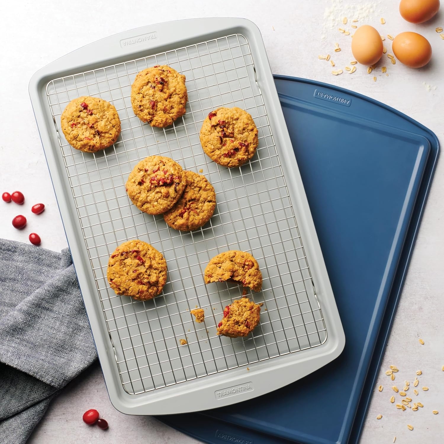 image:imageTramontina Rise 3Piece Ceramic Baking Pans Set Non stick Cookie Sheets for Baking with Cooling Rack Aluminized Steel DishwasherSafe3Piece