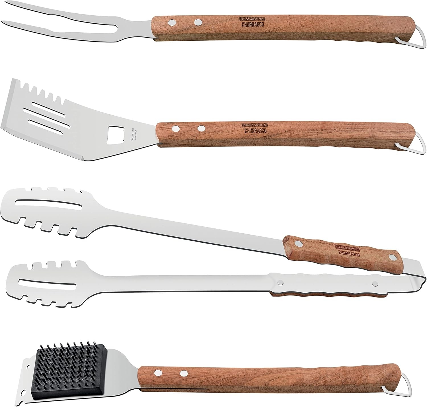 image:imageTramontina Barbecue Tool Set 4Piece Churrasco Line Spatula Tongs Grill Brush Carving Fork Stainless Steel amp Wood Handle Gas Charcoal Electric Grills