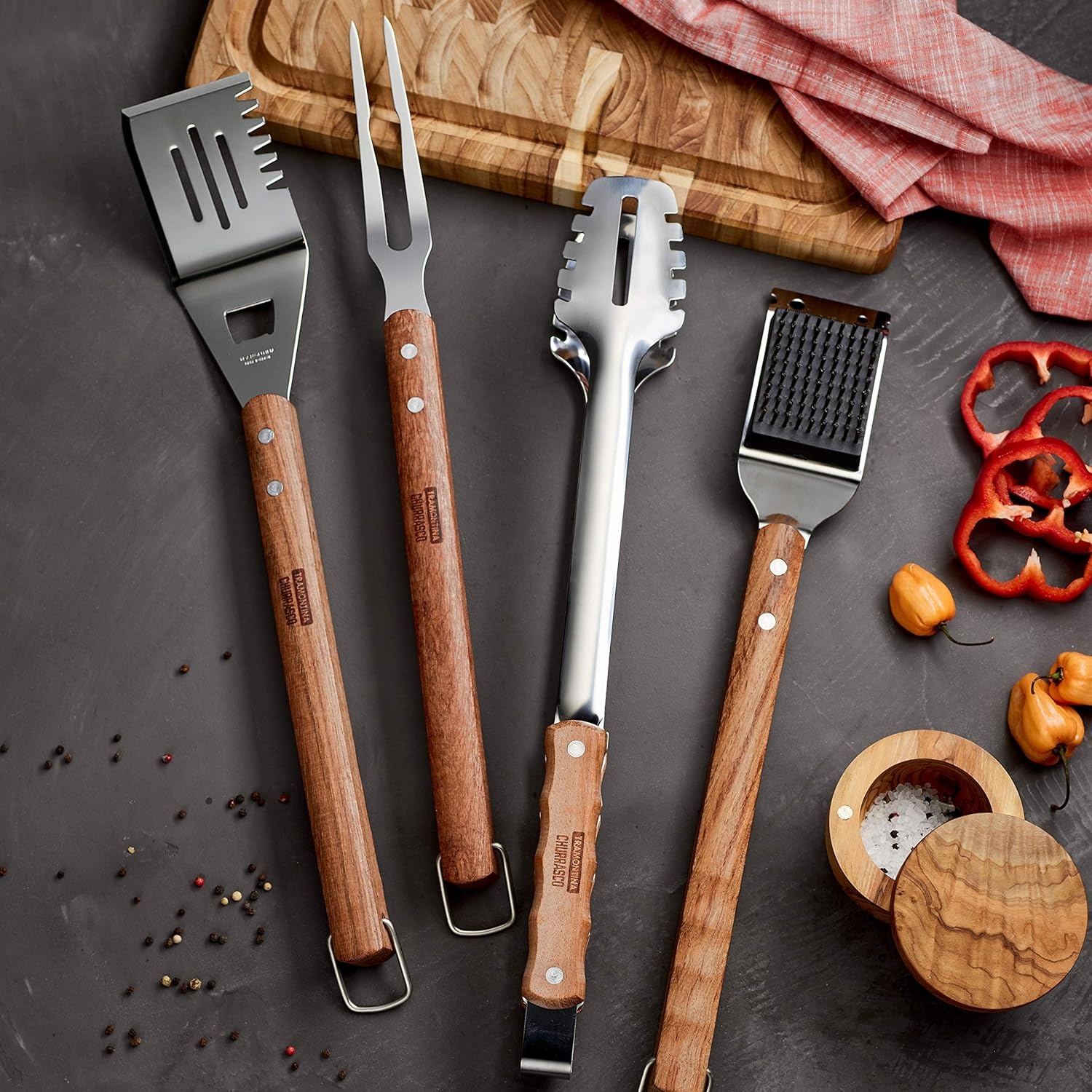 image:imageTramontina Barbecue Tool Set 4Piece Churrasco Line Spatula Tongs Grill Brush Carving Fork Stainless Steel amp Wood Handle Gas Charcoal Electric Grills