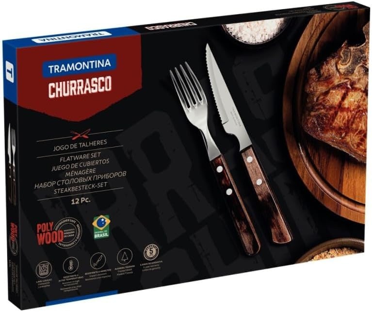 image:imageTramontina Churrasco Premium Steak Knife Fork Set 12 Piece with Brown Wooden HandlesSingle