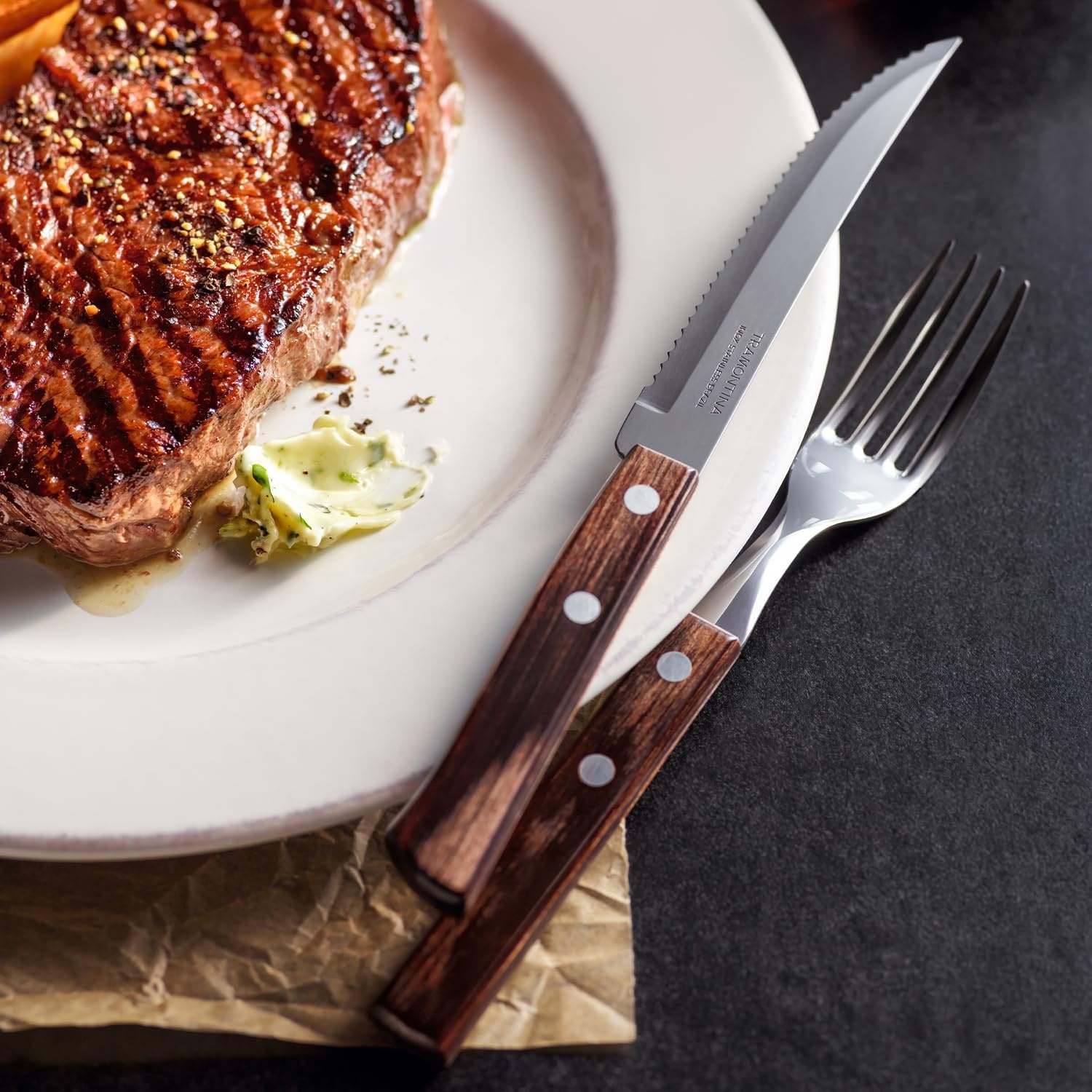 image:imageTramontina Cutlery Set with Steak Knives 12 Piece Sharp Knife and Fork Set with Wooden Handles Camping Kitchen Rustic Dishwasher Safe 29899199Brown
