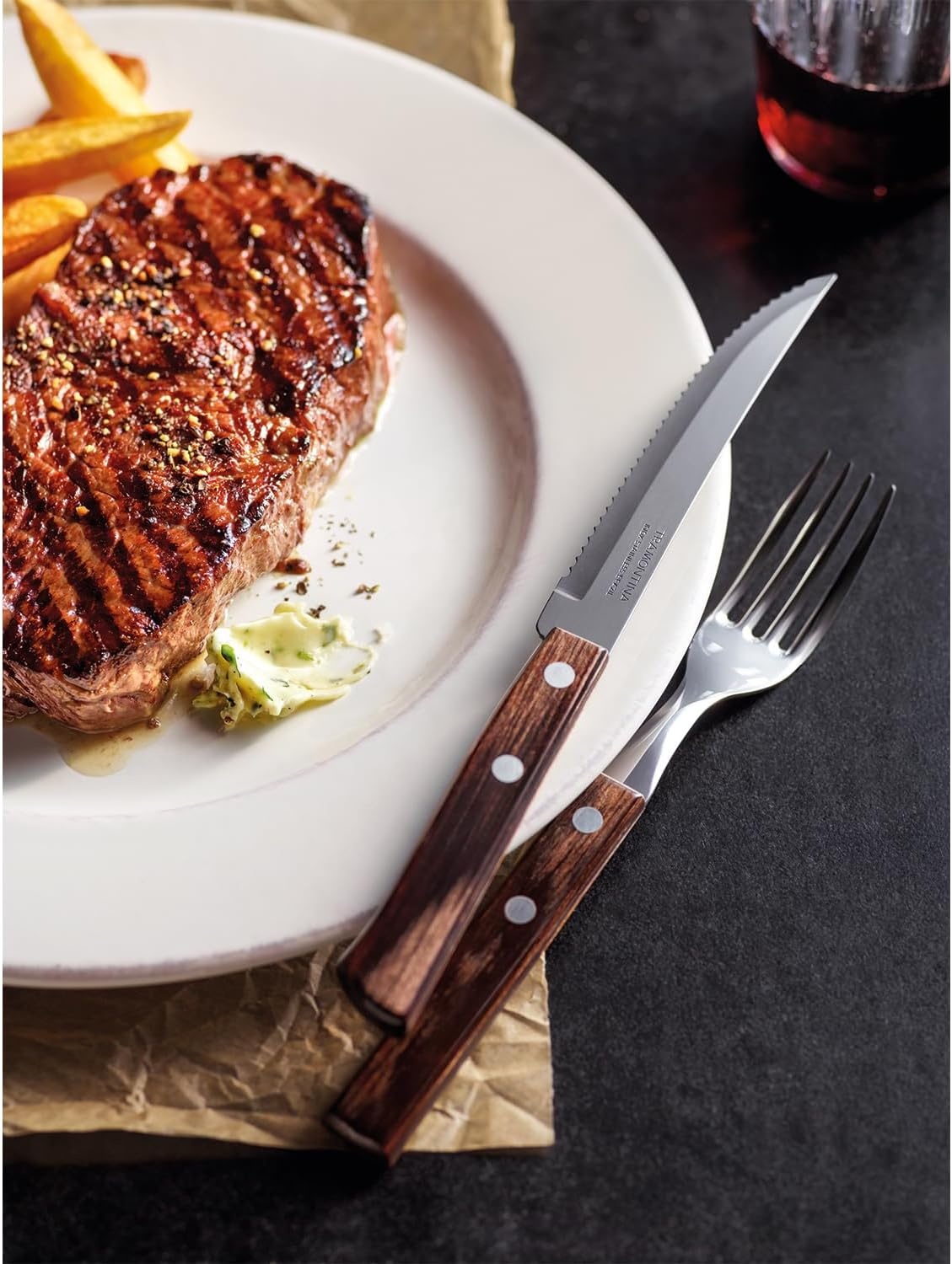 image:imageTramontina Cutlery Set with Steak Knives 24 Piece Sharp Knife Forks Teaspoons Tablespoons with Wooden Handles Camping Kitchen Rustic Dishwasher Safe 21199905