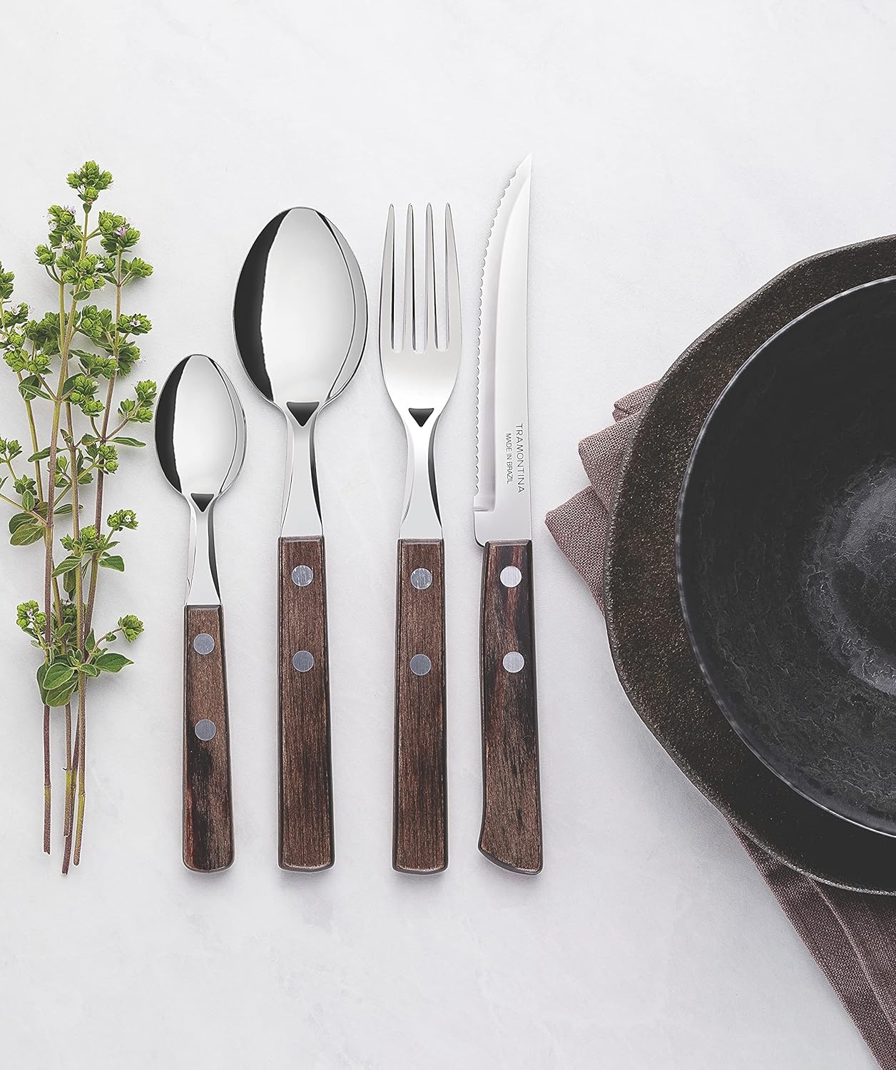 image:imageTramontina Cutlery Set with Steak Knives 24 Piece Sharp Knife Forks Teaspoons Tablespoons with Wooden Handles Camping Kitchen Rustic Dishwasher Safe 21199905