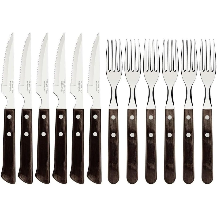 image:imageTramontina Churrasco Premium Steak Knife Fork Set 12 Piece with Brown Wooden HandlesSingle
