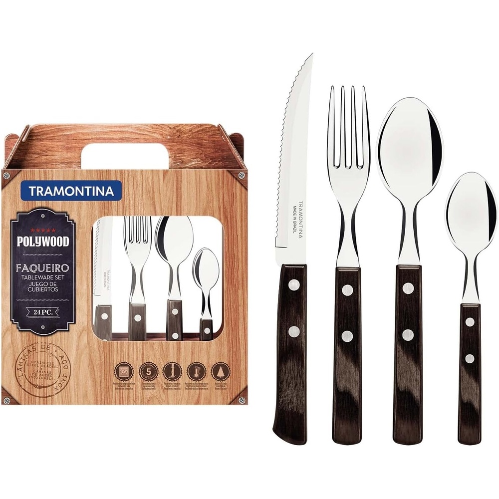 image:imageTramontina Cutlery Set with Steak Knives 24 Piece Sharp Knife Forks Teaspoons Tablespoons with Wooden Handles Camping Kitchen Rustic Dishwasher Safe 21199905