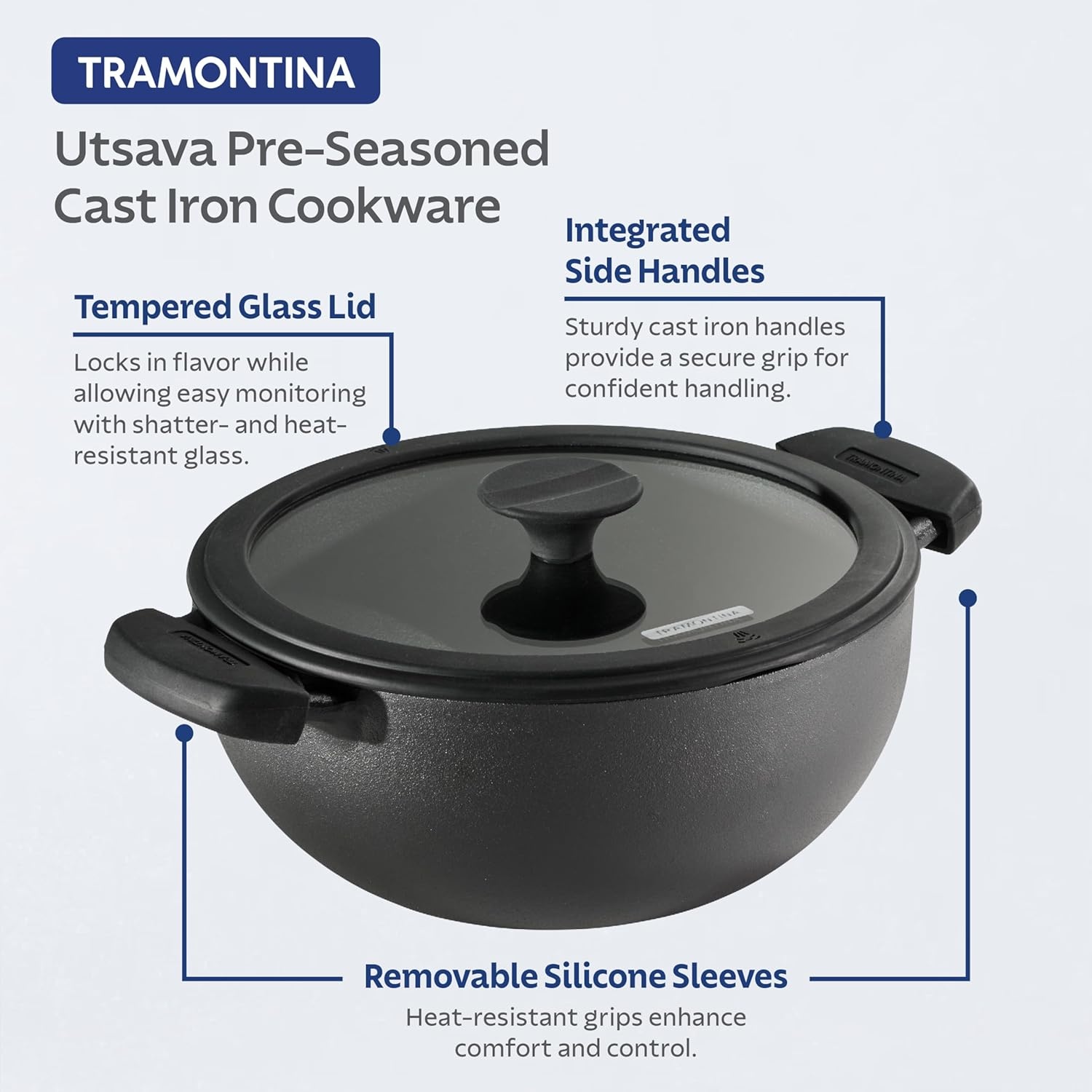image:imageTramontina Utsava 39Quart PreSeasoned Cast Iron Kadai with Lid Kadhai Pot for Indian Cooking39Quart