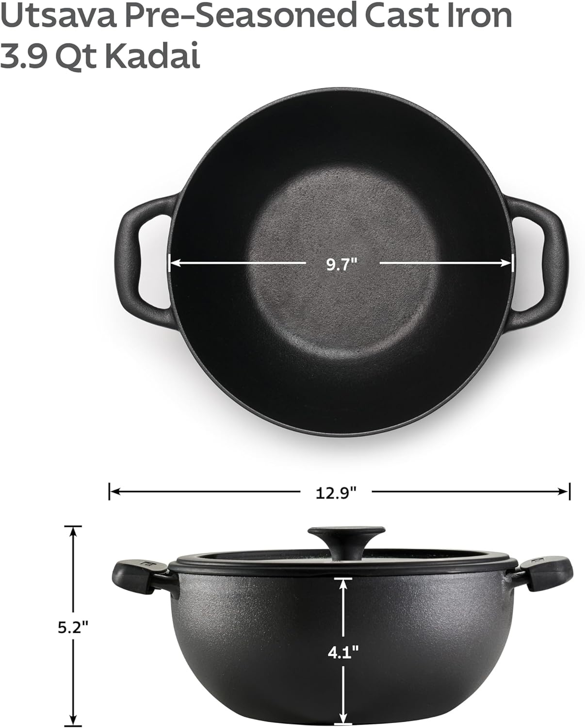 image:imageTramontina Utsava 39Quart PreSeasoned Cast Iron Kadai with Lid Kadhai Pot for Indian Cooking39Quart