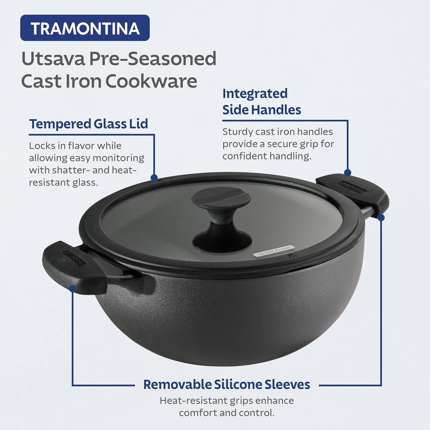 image:imageTramontina Utsava 39Quart PreSeasoned Cast Iron Kadai with Lid Kadhai Pot for Indian Cooking49Quart