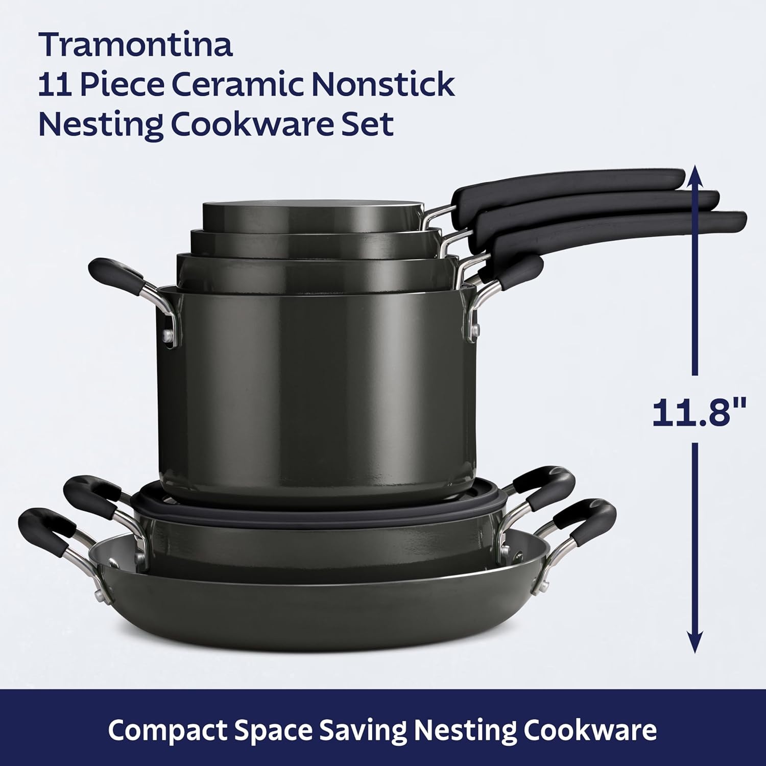 image:imageTramontina Aluminum Non Stick 11Piece Nesting Pots and Pans Set with Lids Naval Kitchen Nonstick Cookware Set Dishwasher and Oven SafeDark Gray Ceramic