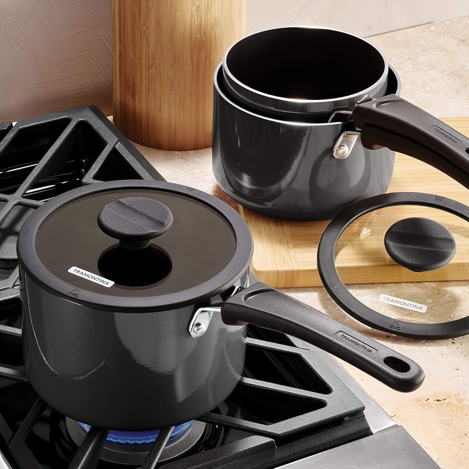 image:imageTramontina Aluminum Non Stick 11Piece Nesting Pots and Pans Set with Lids Naval Kitchen Nonstick Cookware Set Dishwasher and Oven SafeGray