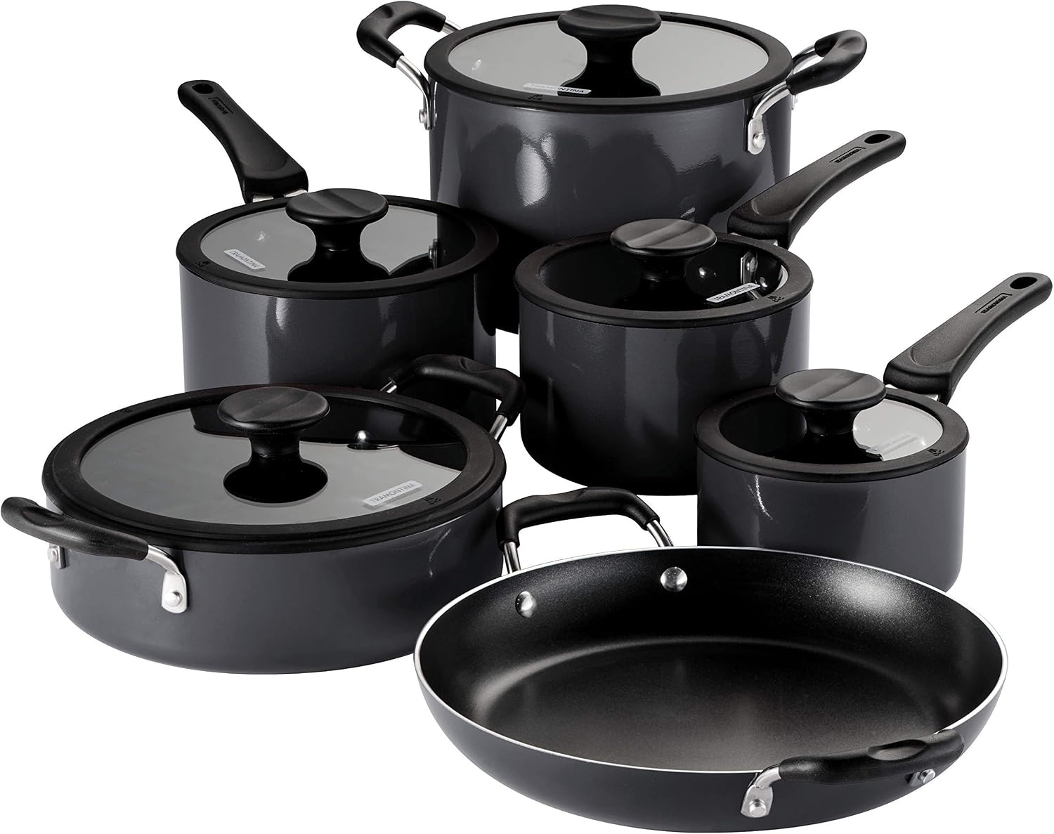 image:imageTramontina Aluminum Non Stick 11Piece Nesting Pots and Pans Set with Lids Naval Kitchen Nonstick Cookware Set Dishwasher and Oven SafeGray