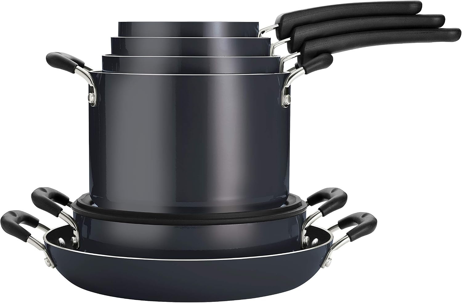 image:imageTramontina Aluminum Non Stick 11Piece Nesting Pots and Pans Set with Lids Naval Kitchen Nonstick Cookware Set Dishwasher and Oven SafeGray