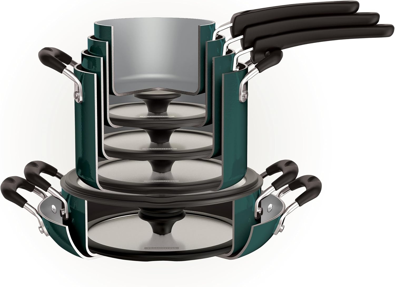 image:imageTramontina Aluminum Non Stick 11Piece Nesting Pots and Pans Set with Lids Naval Kitchen Nonstick Cookware Set Dishwasher and Oven SafeTeal Ceramic